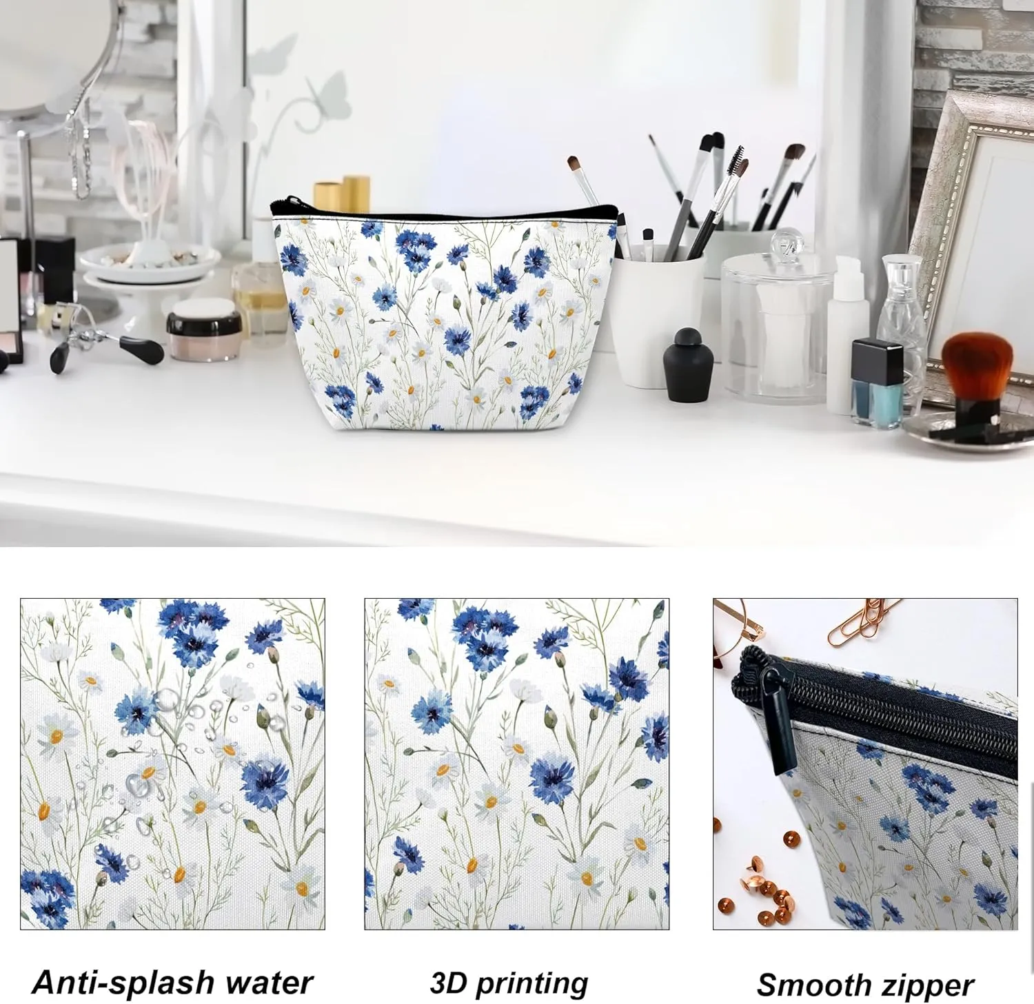 Daisy Makeup Bag Blue Cornflower Cosmetic Bag for Women, Travel Small Pouch for Toiletries, Water Resistant Gift 9.55.9 Inch