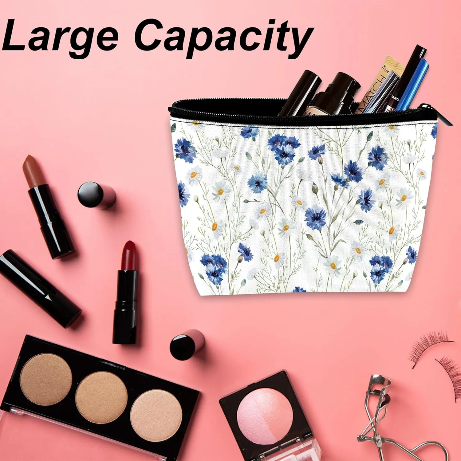 Daisy Makeup Bag Blue Cornflower Cosmetic Bag for Women, Travel Small Pouch for Toiletries, Water Resistant Gift 9.55.9 Inch