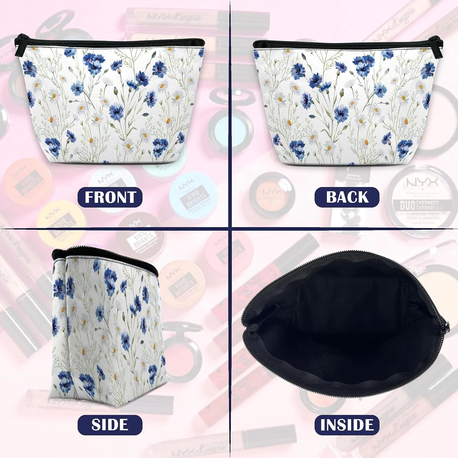 Daisy Makeup Bag Blue Cornflower Cosmetic Bag for Women, Travel Small Pouch for Toiletries, Water Resistant Gift 9.55.9 Inch