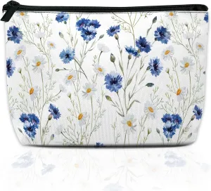 Daisy Makeup Bag Blue Cornflower Cosmetic Bag for Women, Travel Small Pouch for Toiletries, Water Resistant Gift 9.55.9 Inch