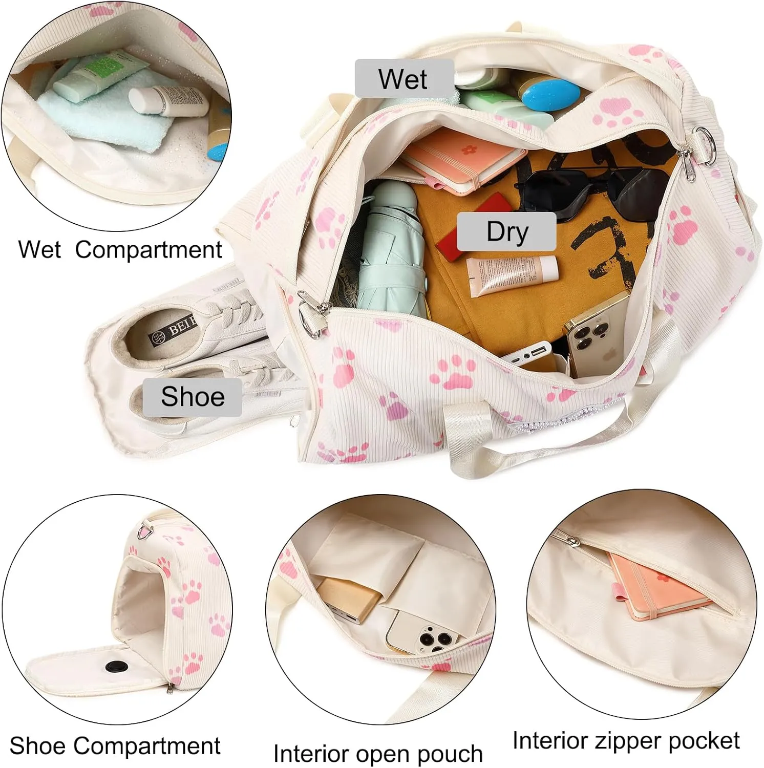 Dance Bag for Girls Sports Duffle Bag Teen Gym Bag Ballet Bag with Separate Dry Wet Pocket and Shoes Compartment Weekender Overnight Bag for Teen Girls Corduroy Sequined CatCat Beige