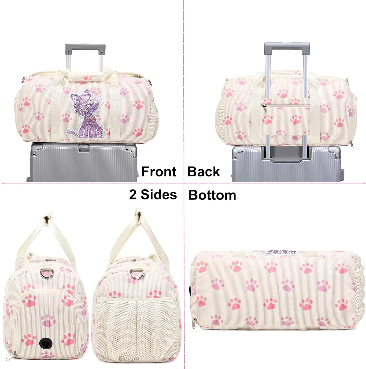 Dance Bag for Girls Sports Duffle Bag Teen Gym Bag Ballet Bag with Separate Dry Wet Pocket and Shoes Compartment Weekender Overnight Bag for Teen Girls Corduroy Sequined CatCat Beige