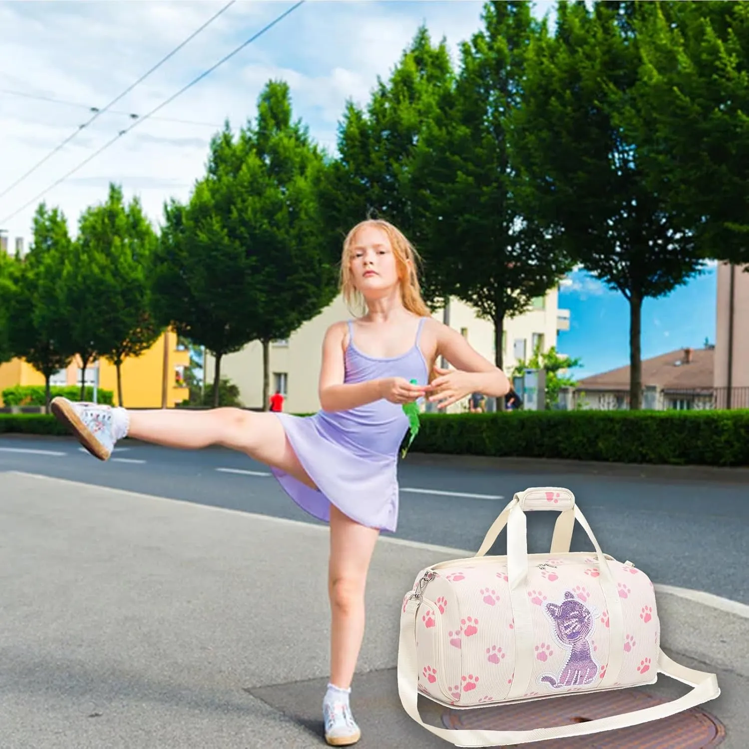 Dance Bag for Girls Sports Duffle Bag Teen Gym Bag Ballet Bag with Separate Dry Wet Pocket and Shoes Compartment Weekender Overnight Bag for Teen Girls Corduroy Sequined CatCat Beige