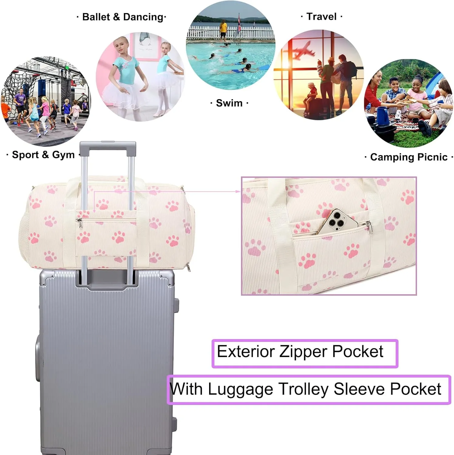 Dance Bag for Girls Sports Duffle Bag Teen Gym Bag Ballet Bag with Separate Dry Wet Pocket and Shoes Compartment Weekender Overnight Bag for Teen Girls Corduroy Sequined CatCat Beige