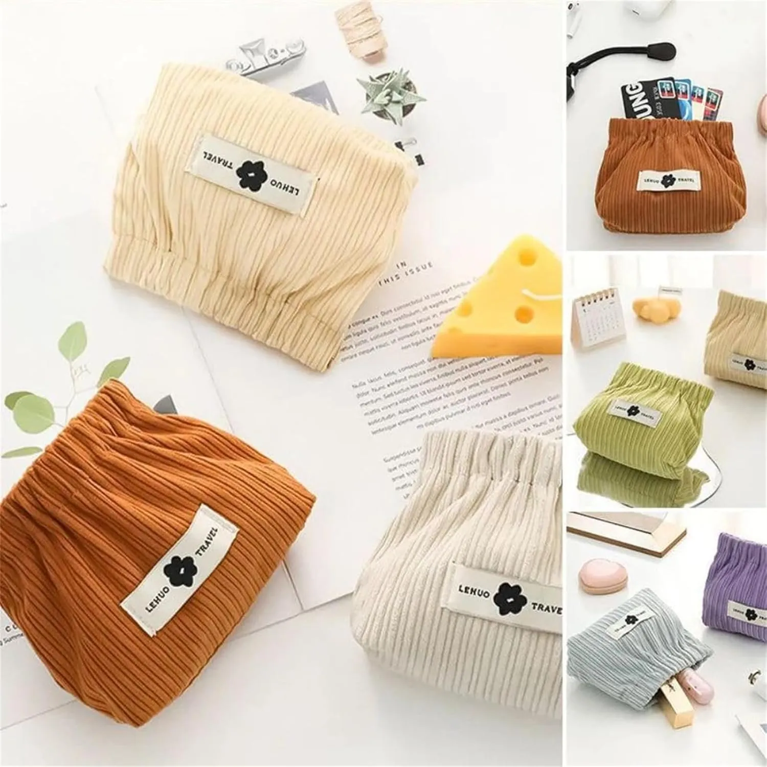 Dawncog Cosmetic Organizer, Corduroy Elastic Hair Tie Storage Bag, Mini Makeup Pouch for Purse (3PCS)