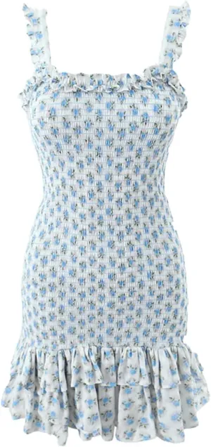 DBFBDTU Slip Dress for Women Floral Print Elastic Tight Mini Dress Ruffles Backless Straped Dresses