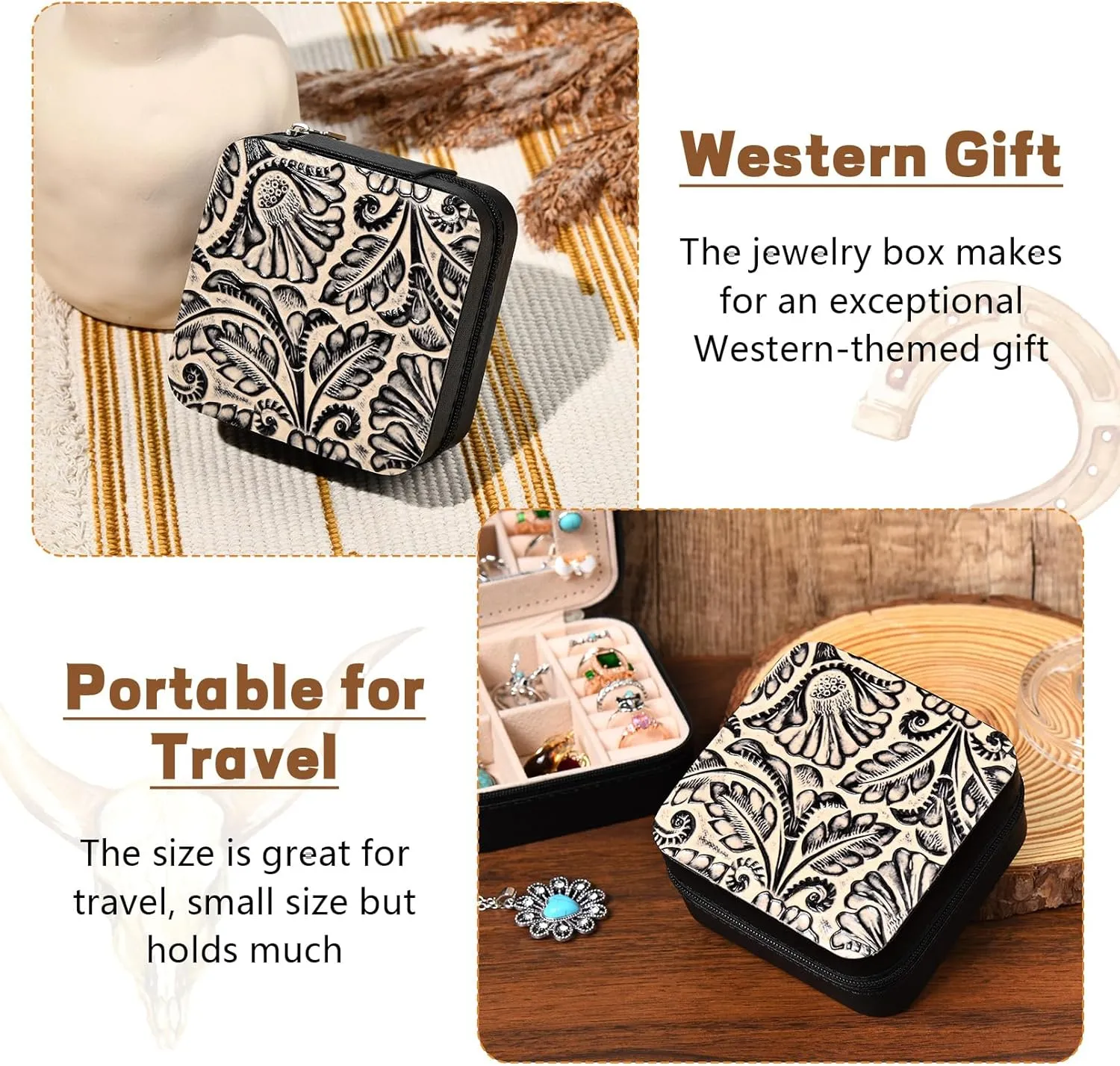 DEEKA Western Jewelry Box Case Real Leather Black and Beige Embossed Tooled Travel Jewelry Organizer Gifts Christmas Gifts for Women Country Girls Cowgirl Stuff Portable Travel Accessories -Black