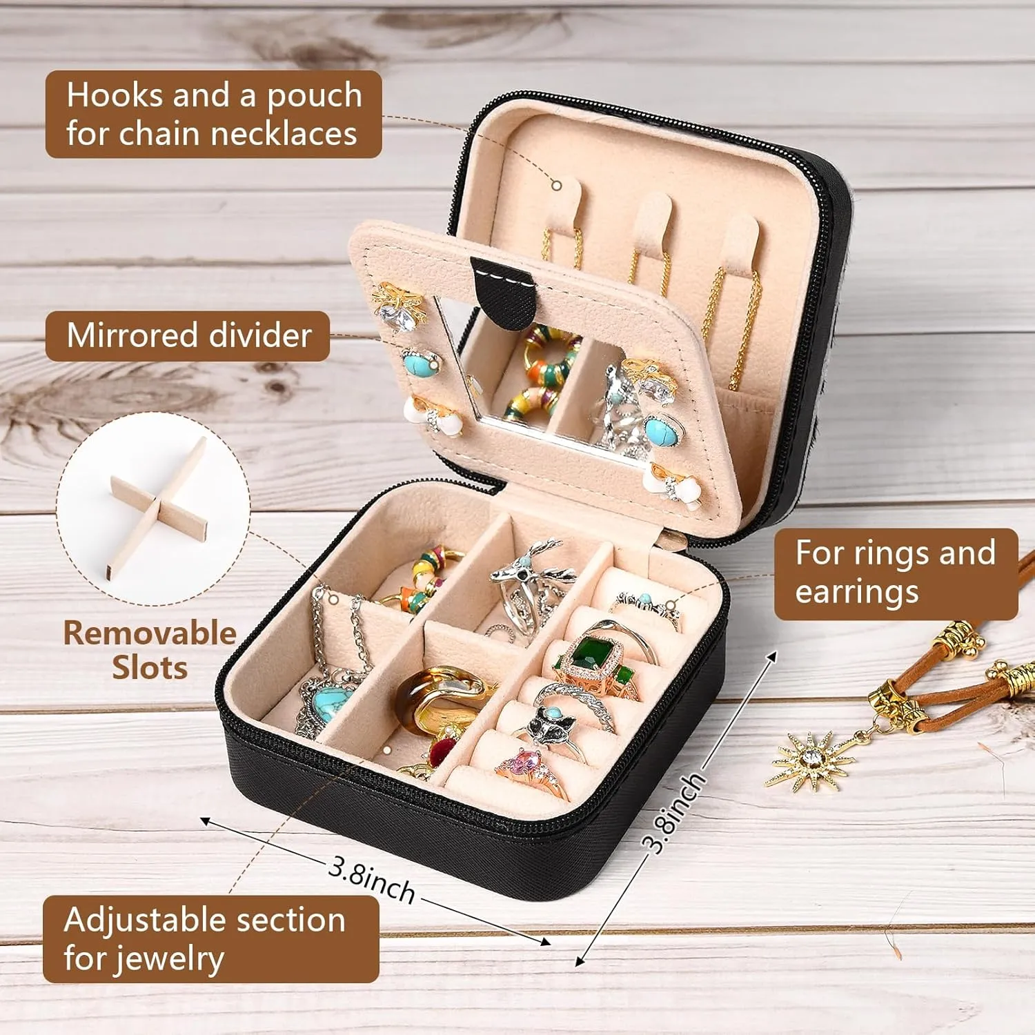 DEEKA Western Jewelry Box Case Real Leather Black and Beige Embossed Tooled Travel Jewelry Organizer Gifts Christmas Gifts for Women Country Girls Cowgirl Stuff Portable Travel Accessories -Black