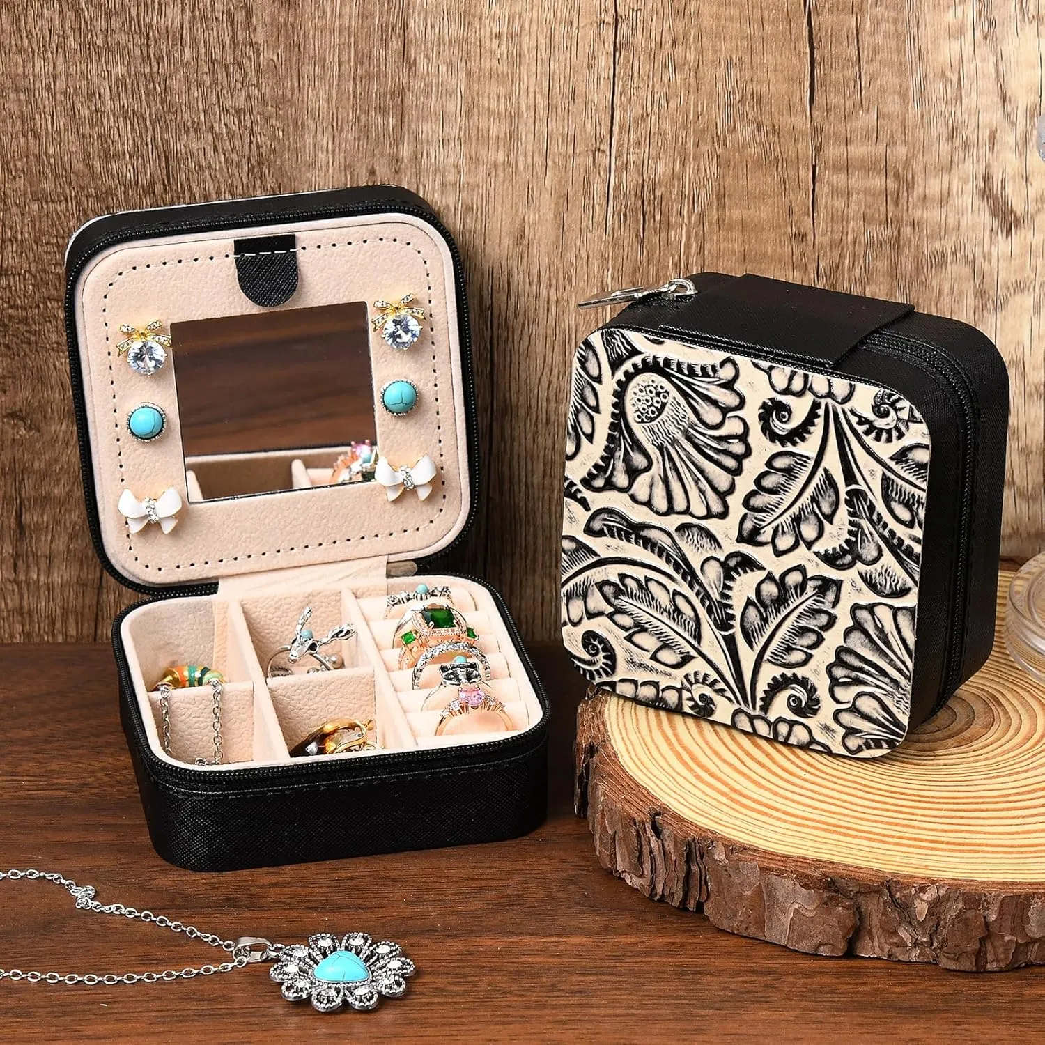 DEEKA Western Jewelry Box Case Real Leather Black and Beige Embossed Tooled Travel Jewelry Organizer Gifts Christmas Gifts for Women Country Girls Cowgirl Stuff Portable Travel Accessories -Black