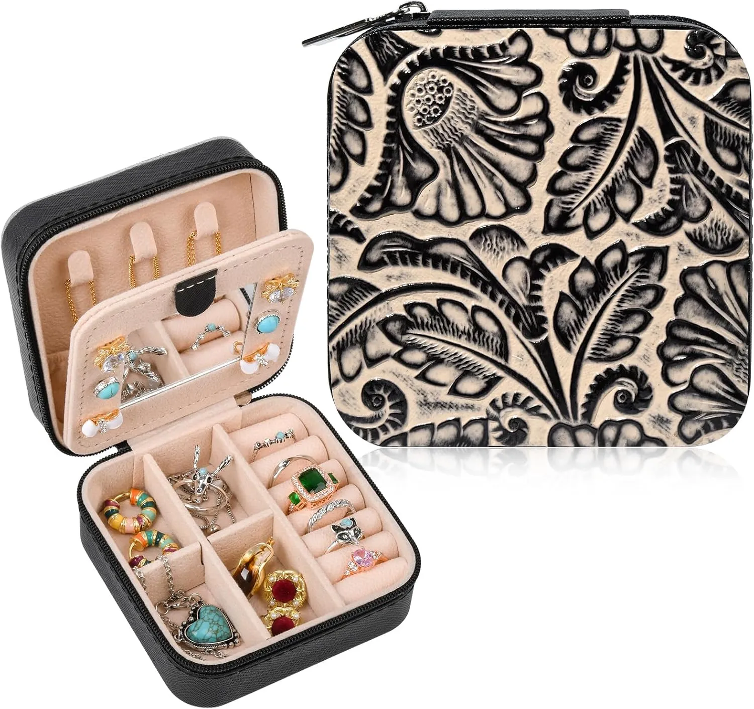 DEEKA Western Jewelry Box Case Real Leather Black and Beige Embossed Tooled Travel Jewelry Organizer Gifts Christmas Gifts for Women Country Girls Cowgirl Stuff Portable Travel Accessories -Black