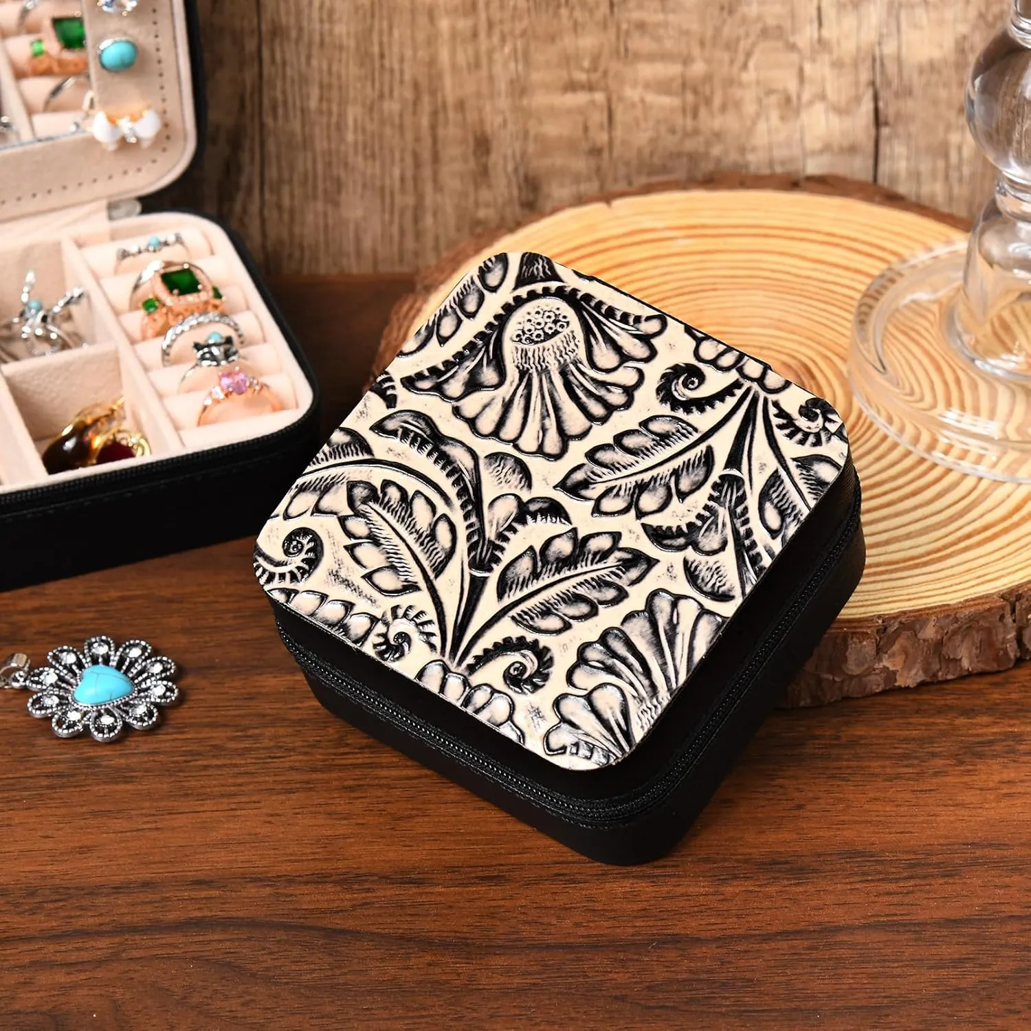 DEEKA Western Jewelry Box Case Real Leather Black and Beige Embossed Tooled Travel Jewelry Organizer Gifts Christmas Gifts for Women Country Girls Cowgirl Stuff Portable Travel Accessories -Black