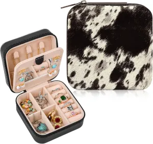 DEEKA Western Jewelry Box Case Real Leather Cow Print Cowhide Tooled Travel Jewelry Organizer Gifts Christmas Gifts for Women Country Girls Cowgirl Stuff Portable Travel Accessories -Black