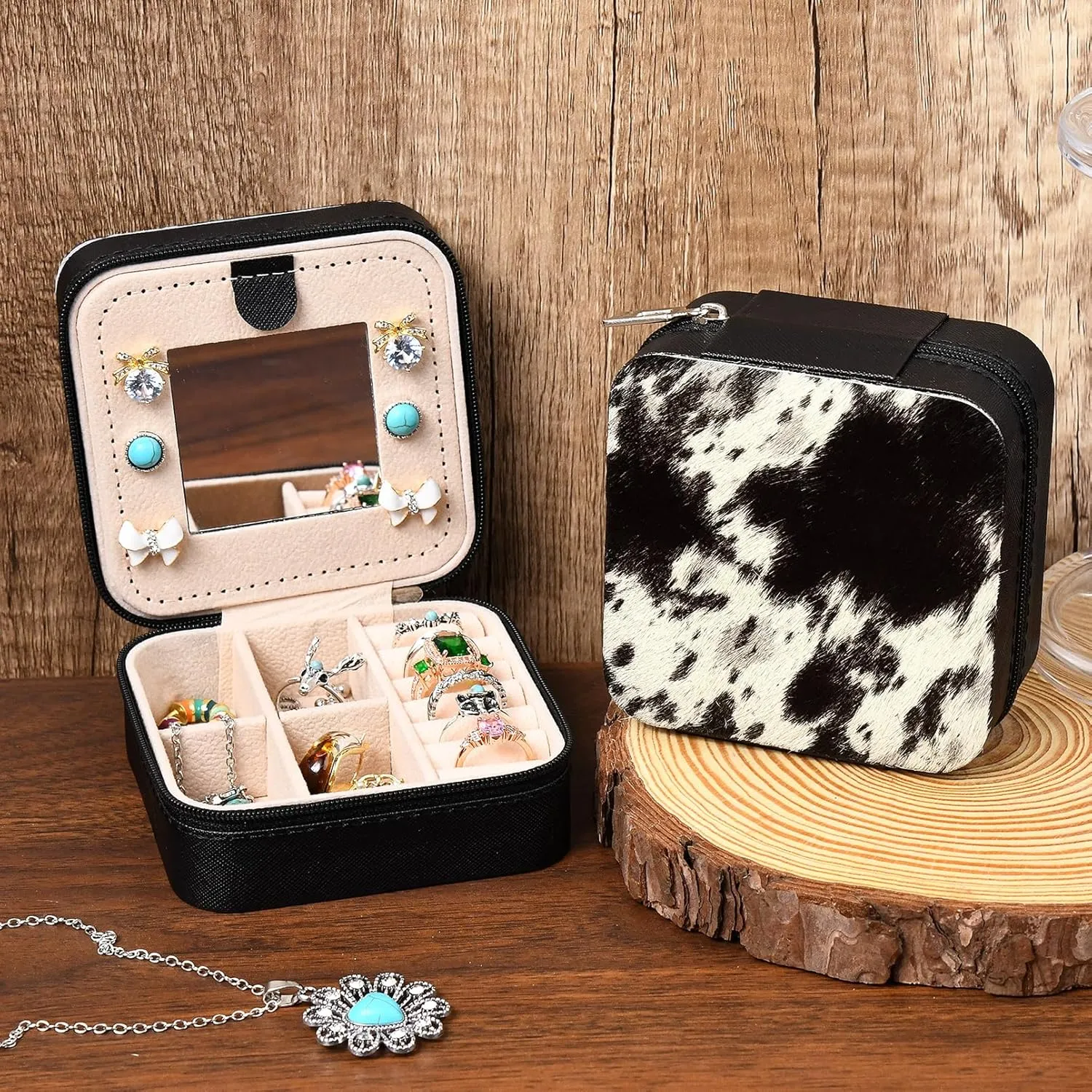 DEEKA Western Jewelry Box Case Real Leather Cow Print Cowhide Tooled Travel Jewelry Organizer Gifts Christmas Gifts for Women Country Girls Cowgirl Stuff Portable Travel Accessories -Black