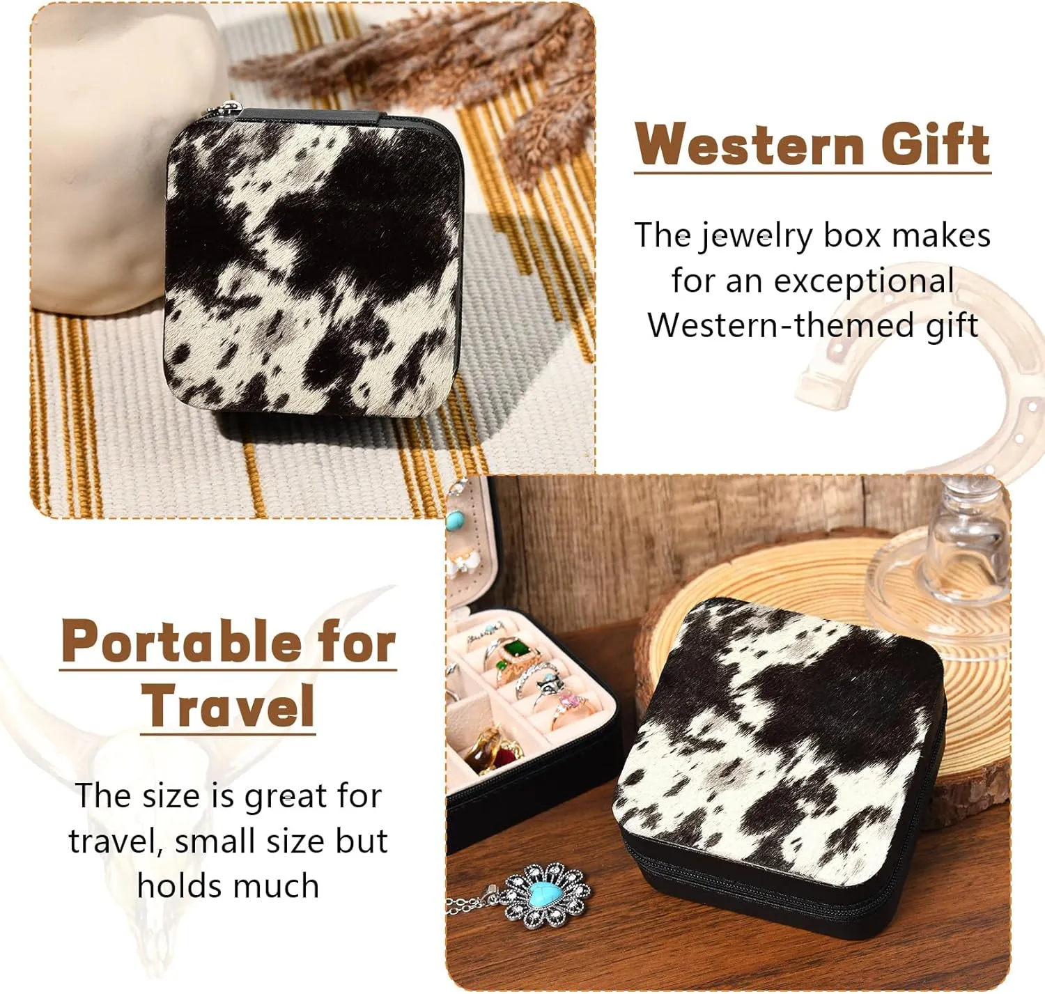 DEEKA Western Jewelry Box Case Real Leather Cow Print Cowhide Tooled Travel Jewelry Organizer Gifts Christmas Gifts for Women Country Girls Cowgirl Stuff Portable Travel Accessories -Black