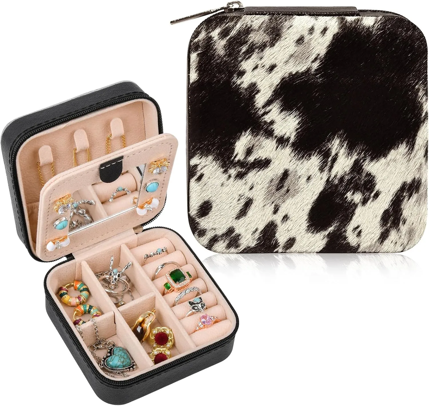 DEEKA Western Jewelry Box Case Real Leather Cow Print Cowhide Tooled Travel Jewelry Organizer Gifts Christmas Gifts for Women Country Girls Cowgirl Stuff Portable Travel Accessories -Black