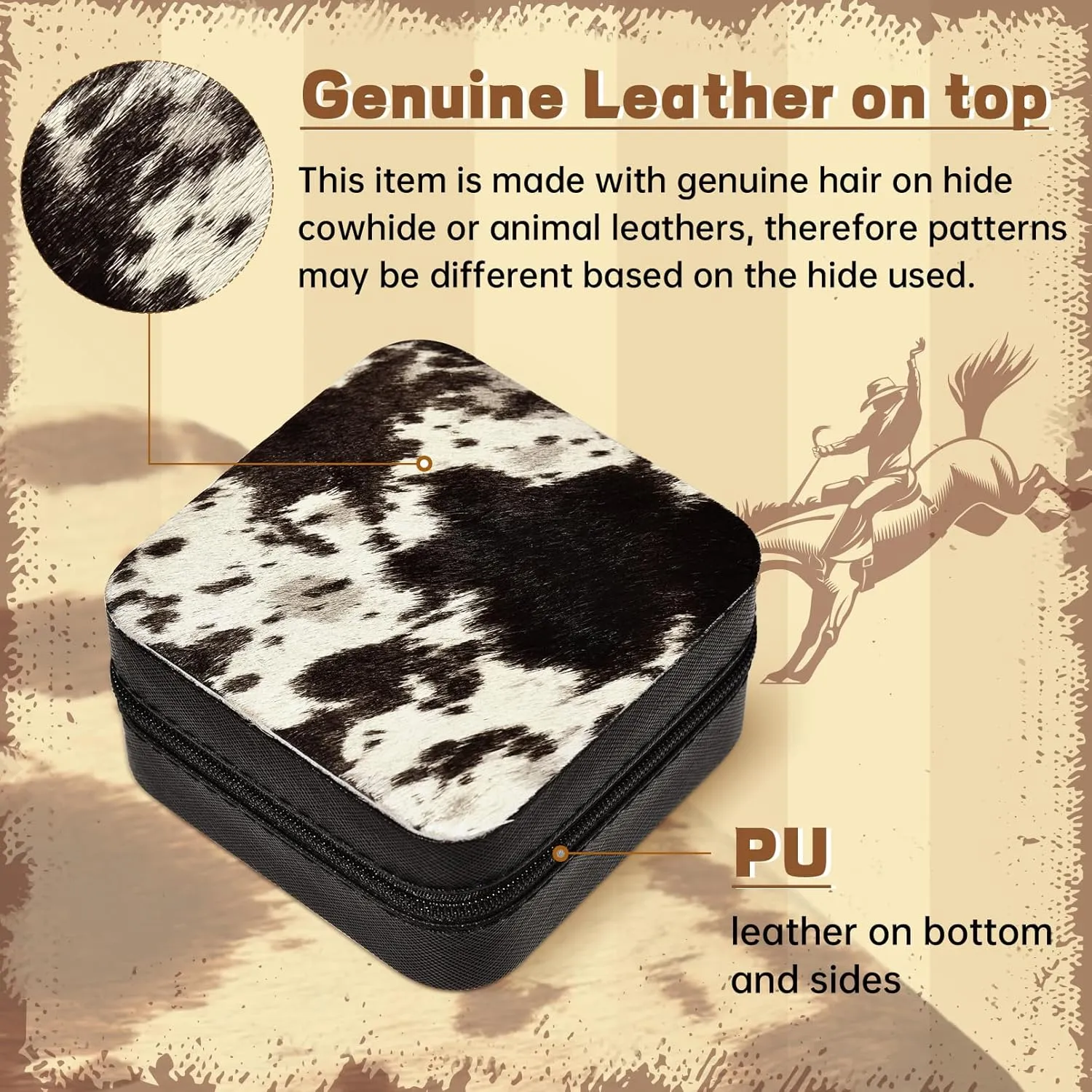 DEEKA Western Jewelry Box Case Real Leather Cow Print Cowhide Tooled Travel Jewelry Organizer Gifts Christmas Gifts for Women Country Girls Cowgirl Stuff Portable Travel Accessories -Black