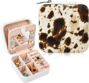 DEEKA Western Jewelry Box Case Real Leather Cow Print Cowhide Tooled Travel Jewelry Organizer Gifts Christmas Gifts for Women Country Girls Cowgirl Stuff Portable Travel Accessories -Brown