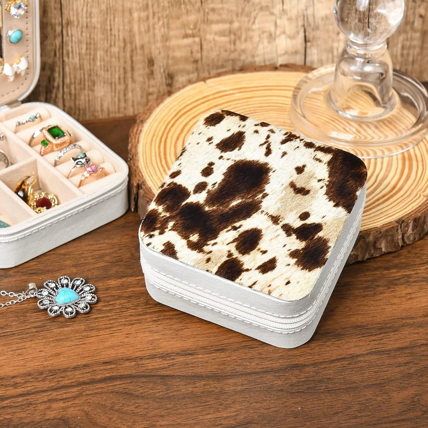 DEEKA Western Jewelry Box Case Real Leather Cow Print Cowhide Tooled Travel Jewelry Organizer Gifts Christmas Gifts for Women Country Girls Cowgirl Stuff Portable Travel Accessories -Brown