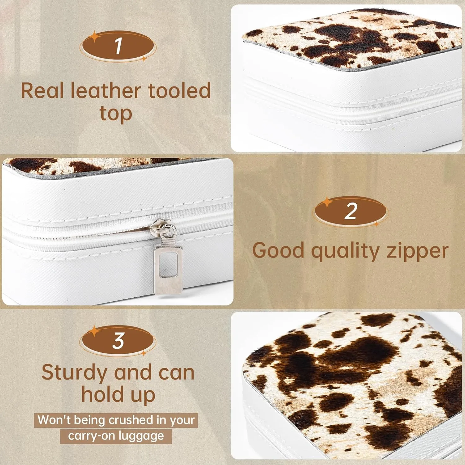 DEEKA Western Jewelry Box Case Real Leather Cow Print Cowhide Tooled Travel Jewelry Organizer Gifts Christmas Gifts for Women Country Girls Cowgirl Stuff Portable Travel Accessories -Brown