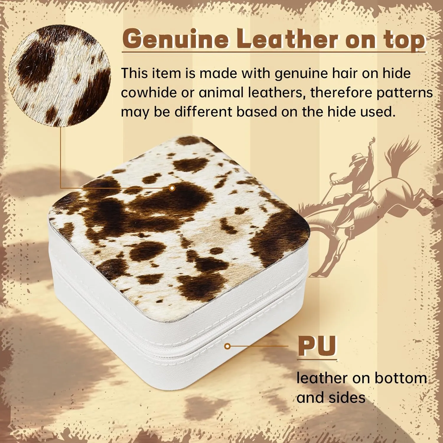 DEEKA Western Jewelry Box Case Real Leather Cow Print Cowhide Tooled Travel Jewelry Organizer Gifts Christmas Gifts for Women Country Girls Cowgirl Stuff Portable Travel Accessories -Brown