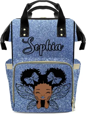 Diaper Bags Blue Bling Glitter Print Tote Bags Backpack with Name Mommy Nursing Bags Gifts for Women Men