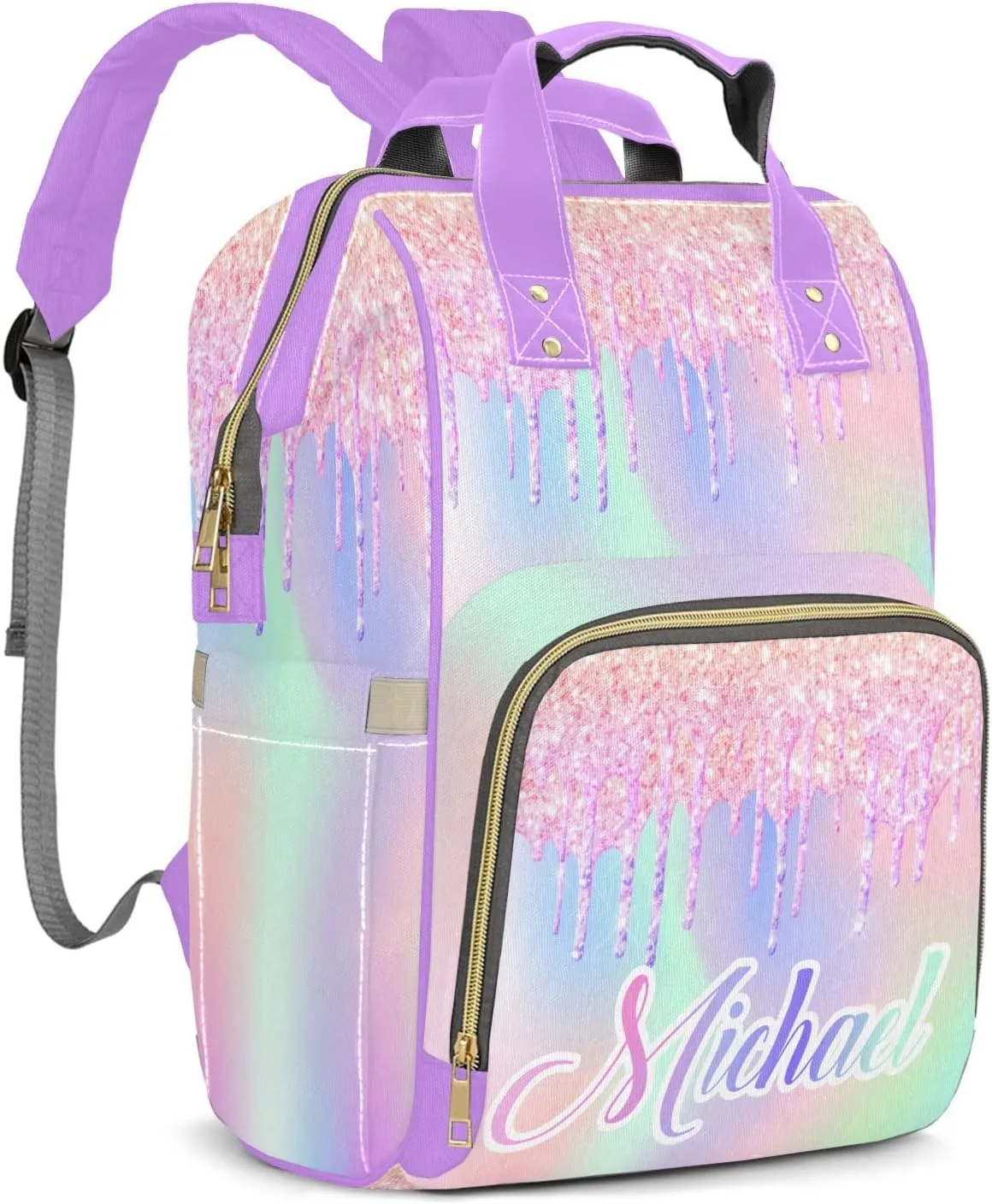 Diaper Bags Colorful Bling Glitter Print Tote Bags Backpack with Name Mommy Nursing Bags Gifts for Women Men