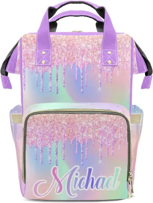 Diaper Bags Colorful Bling Glitter Print Tote Bags Backpack with Name Mommy Nursing Bags Gifts for Women Men