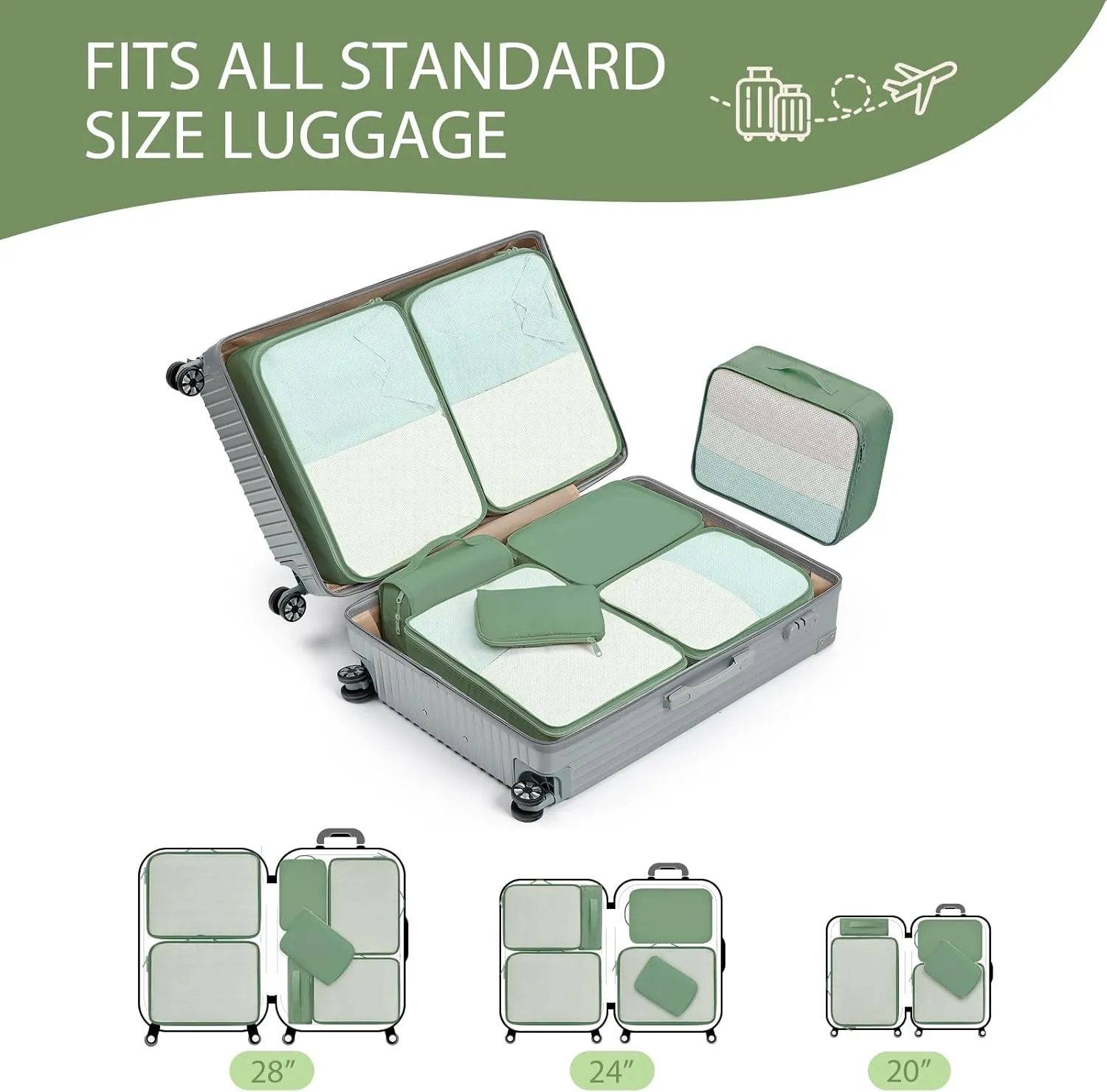 DIMJ Packing Cubes for Travel - 8 Set Travel Packing Cubes Lightweight Luggage Organizer Bags, Travel Cubes for Packing with Large Toiletries Bag for Clothes Shoes Cosmetics Toiletries (Matcha Green)