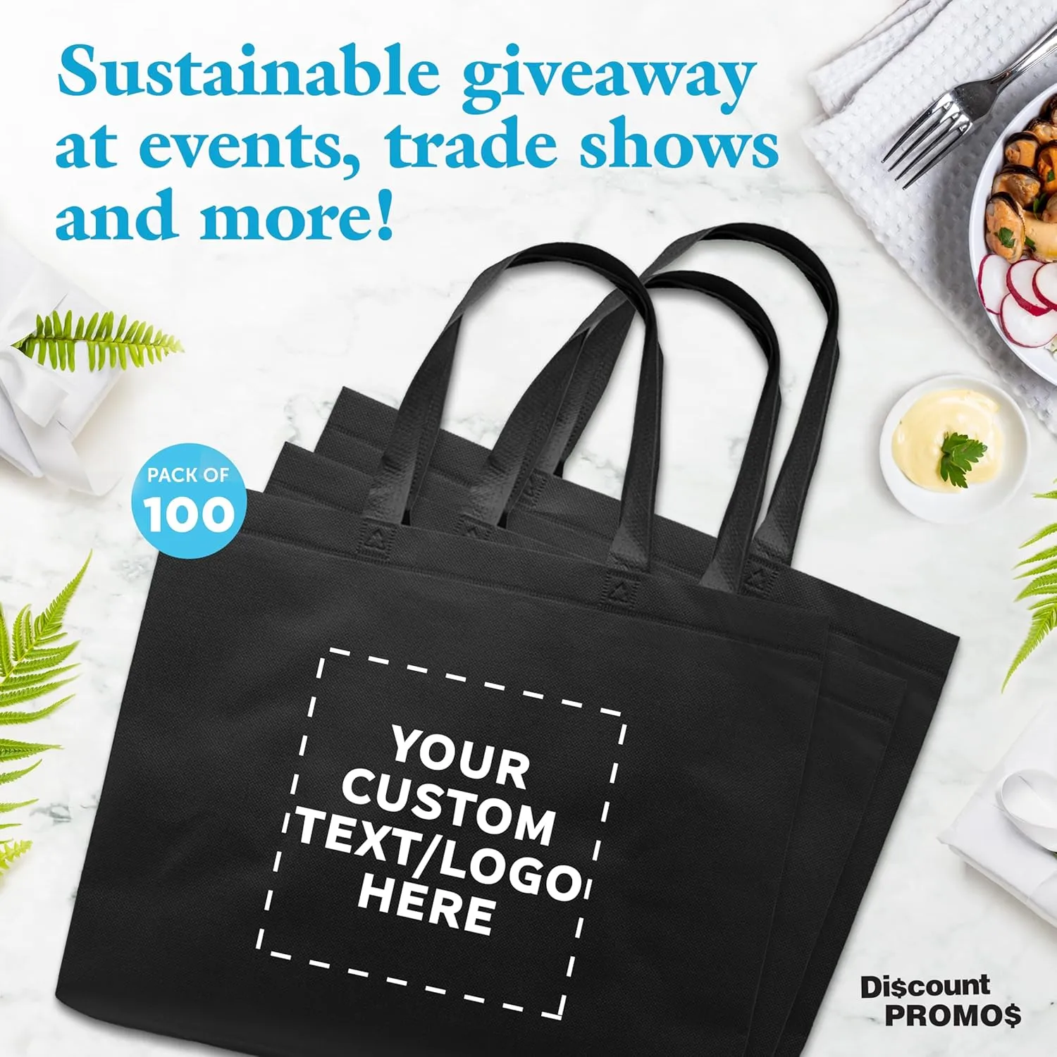 DISCOUNT PROMOS Custom Jumbo Sized Tote Bags Set of 100, Personalized Bulk Pack - Reusable Grocery Bags, Shopping Bags, Promotional Item Totes for Women - Black