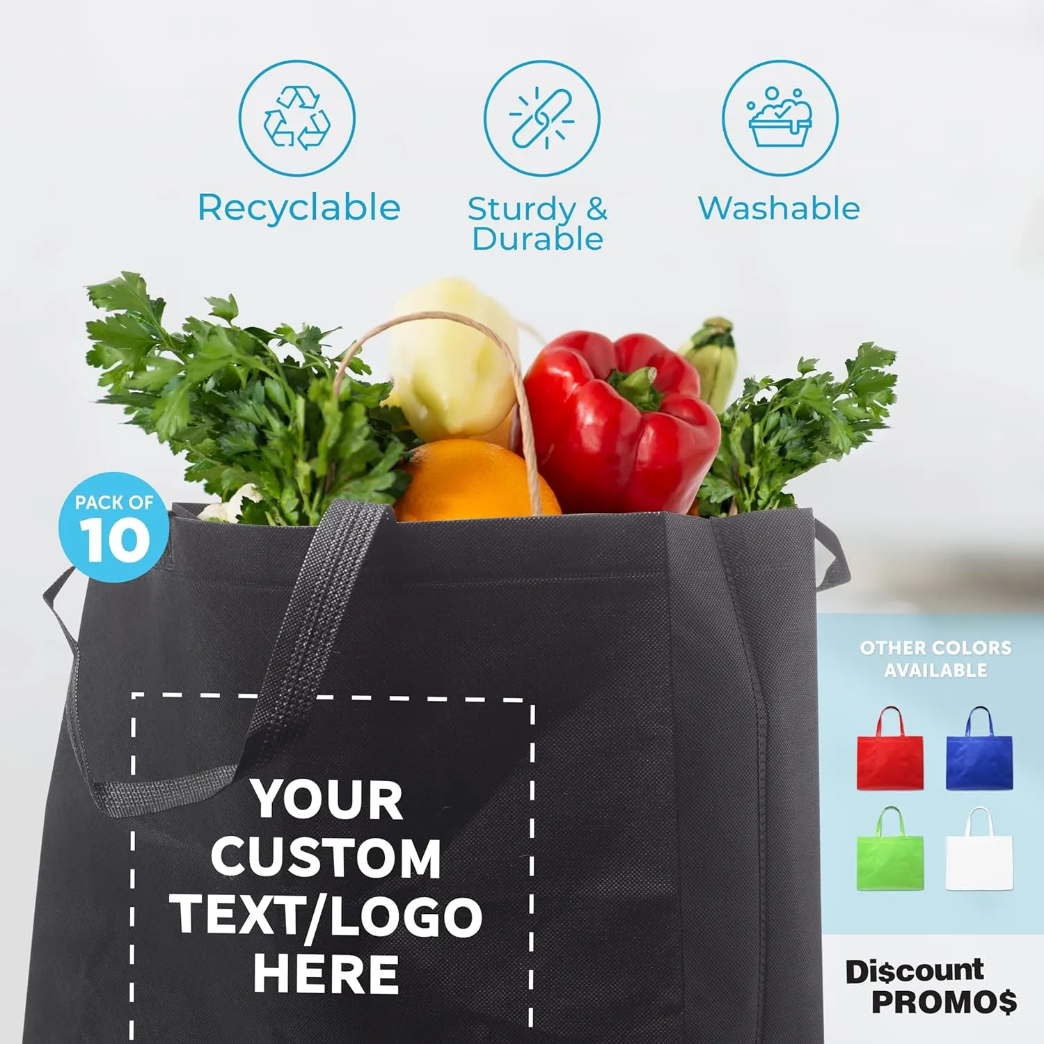 DISCOUNT PROMOS Custom Jumbo Sized Tote Bags Set of 100, Personalized Bulk Pack - Reusable Grocery Bags, Shopping Bags, Promotional Item Totes for Women - Black