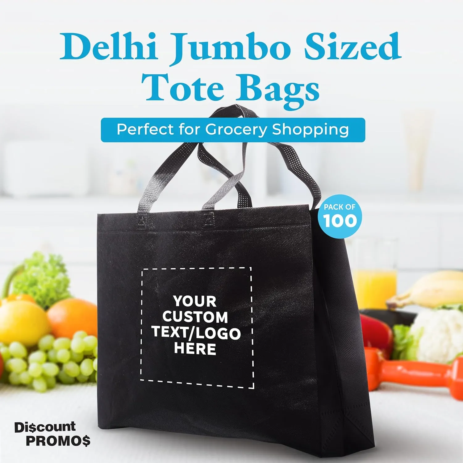 DISCOUNT PROMOS Custom Jumbo Sized Tote Bags Set of 100, Personalized Bulk Pack - Reusable Grocery Bags, Shopping Bags, Promotional Item Totes for Women - Black