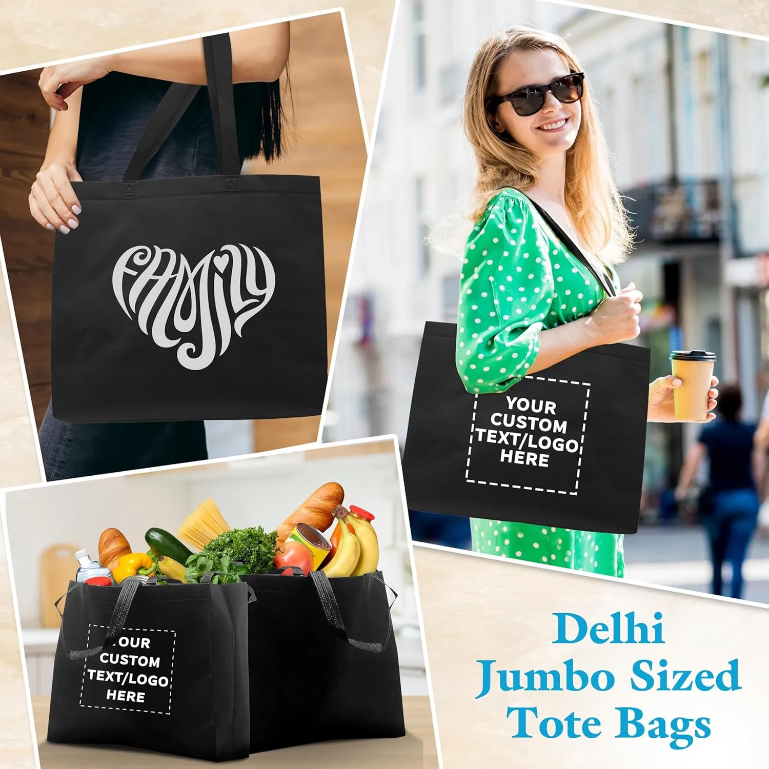 DISCOUNT PROMOS Custom Jumbo Sized Tote Bags Set of 100, Personalized Bulk Pack - Reusable Grocery Bags, Shopping Bags, Promotional Item Totes for Women - Black