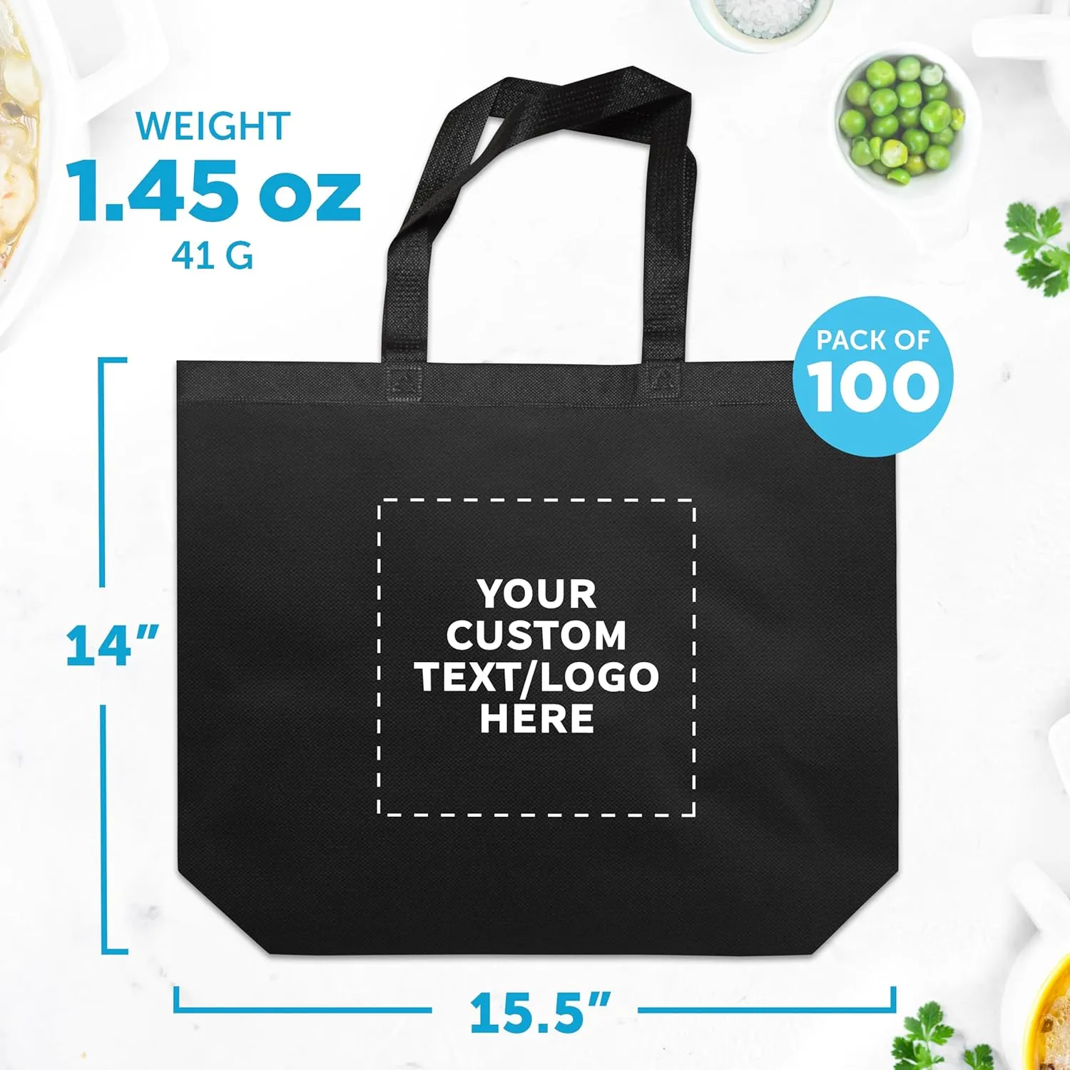 DISCOUNT PROMOS Custom Jumbo Sized Tote Bags Set of 100, Personalized Bulk Pack - Reusable Grocery Bags, Shopping Bags, Promotional Item Totes for Women - Black