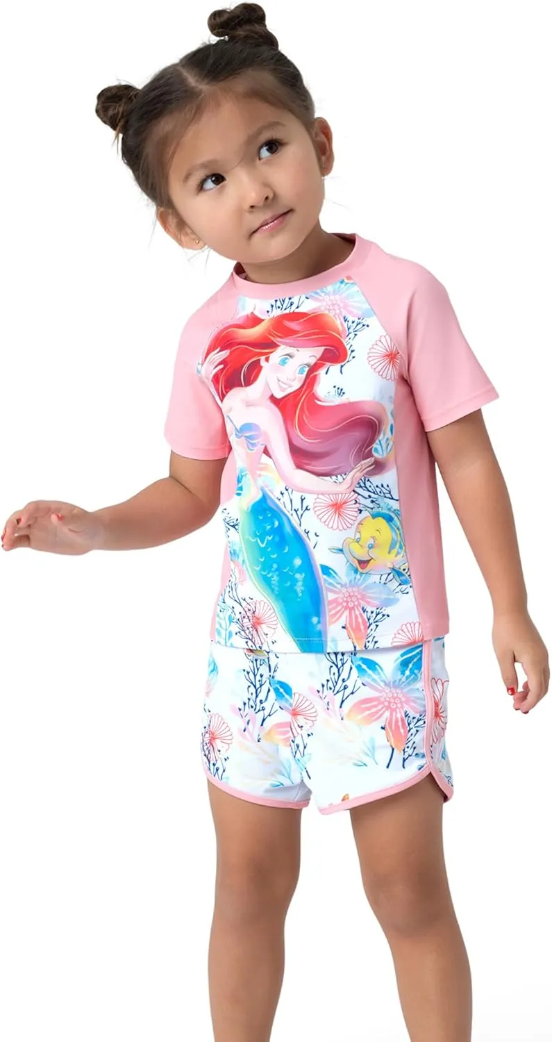 Disney Frozen Elsa Princess Girls Two Piece UPF 50  Protection Quick-Dry Short Sleeve Swim Sets Rashguard Bathing Suit