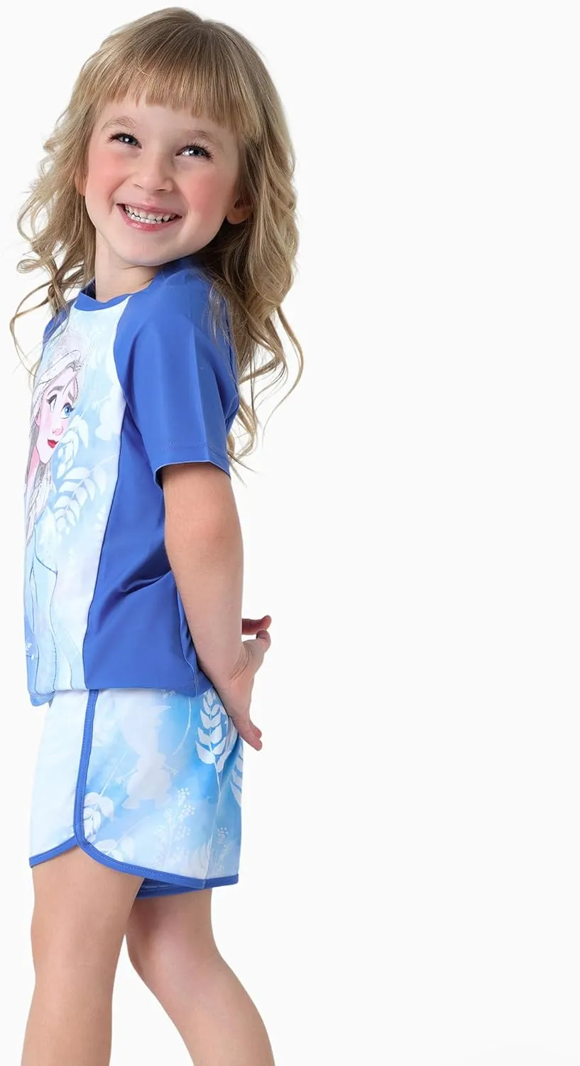 Disney Frozen Elsa Princess Girls Two Piece UPF 50  Protection Quick-Dry Short Sleeve Swim Sets Rashguard Bathing Suit