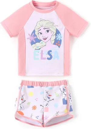 Disney Frozen Elsa Princess Girls Two Piece UPF 50  Protection Quick-Dry Short Sleeve Swim Sets Rashguard Bathing Suit