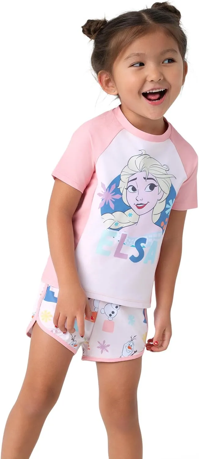 Disney Frozen Elsa Princess Girls Two Piece UPF 50  Protection Quick-Dry Short Sleeve Swim Sets Rashguard Bathing Suit