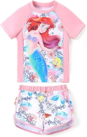 Disney Frozen Elsa Princess Girls Two Piece UPF 50  Protection Quick-Dry Short Sleeve Swim Sets Rashguard Bathing Suit