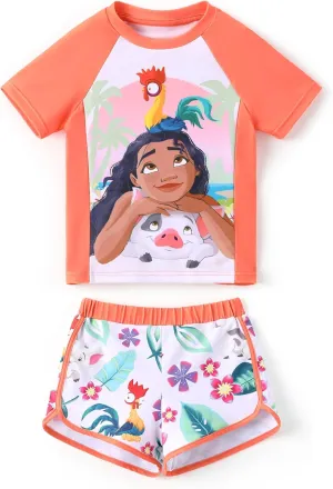 Disney Frozen Elsa Princess Girls Two Piece UPF 50  Protection Quick-Dry Short Sleeve Swim Sets Rashguard Bathing Suit