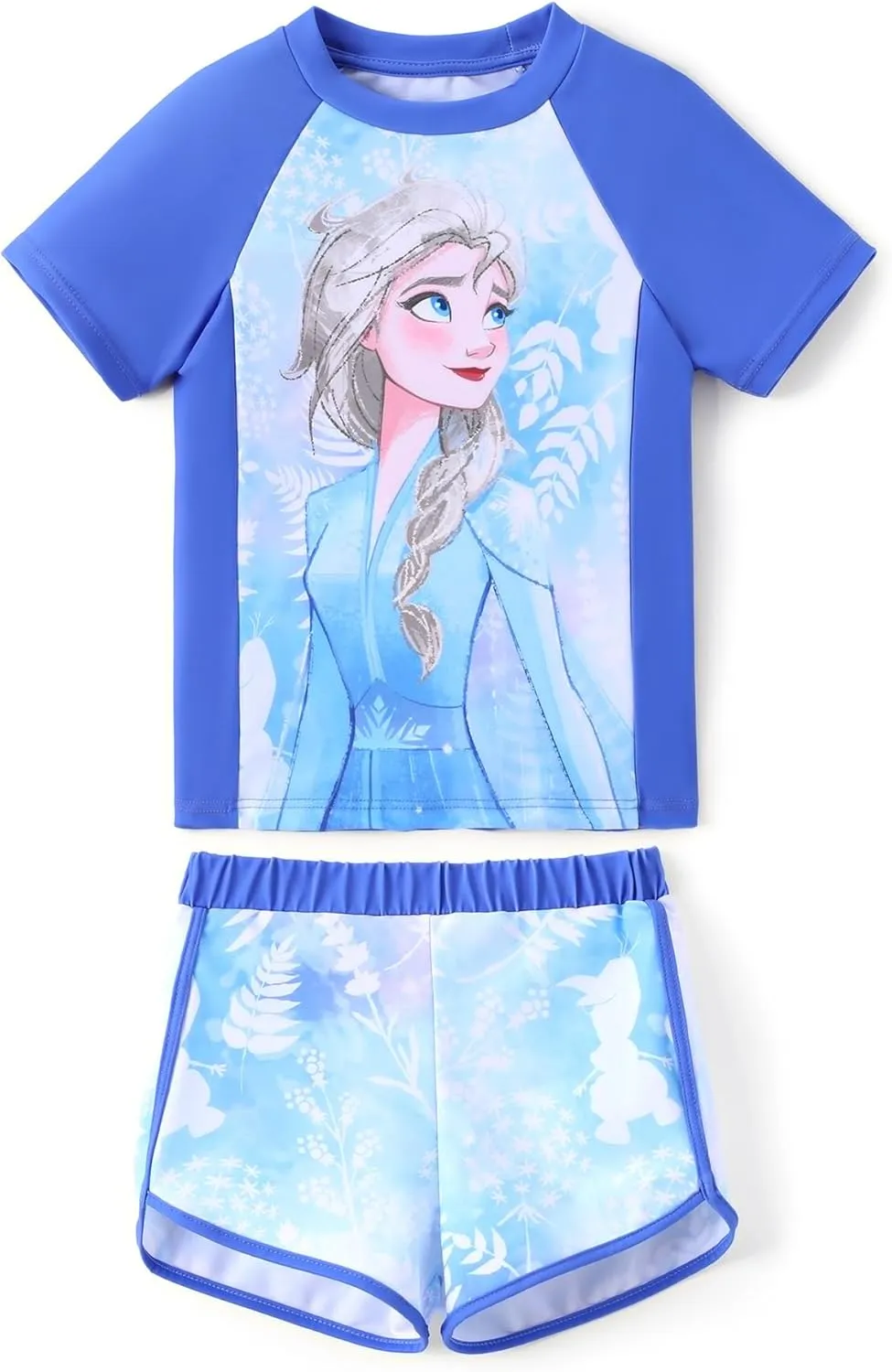 Disney Frozen Elsa Princess Girls Two Piece UPF 50  Protection Quick-Dry Short Sleeve Swim Sets Rashguard Bathing Suit