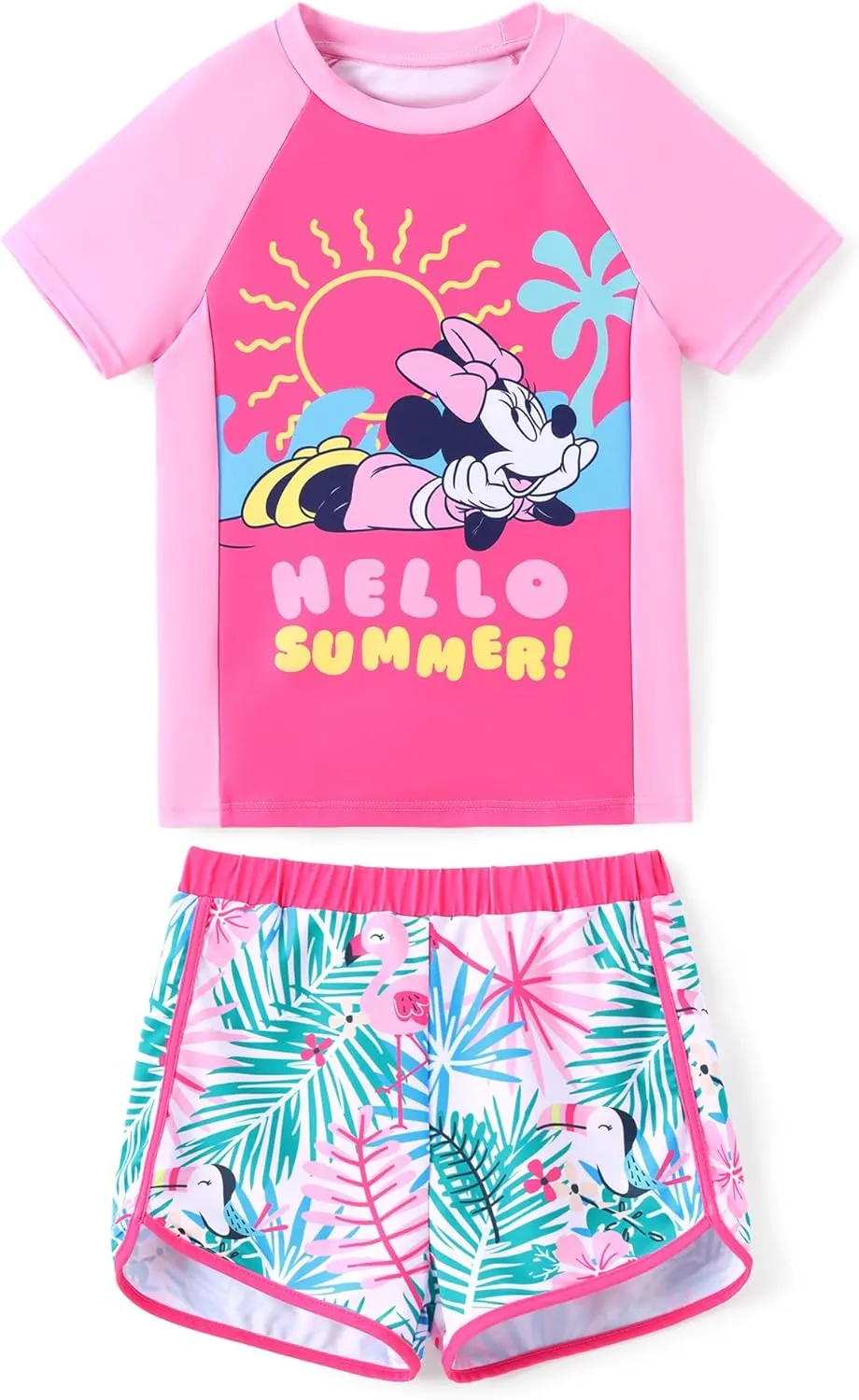 Disney Frozen Elsa Princess Girls Two Piece UPF 50  Protection Quick-Dry Short Sleeve Swim Sets Rashguard Bathing Suit