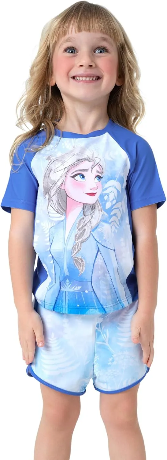 Disney Frozen Elsa Princess Girls Two Piece UPF 50  Protection Quick-Dry Short Sleeve Swim Sets Rashguard Bathing Suit