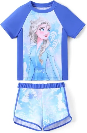 Disney Frozen Elsa Princess Girls Two Piece UPF 50  Protection Quick-Dry Short Sleeve Swim Sets Rashguard Bathing Suit