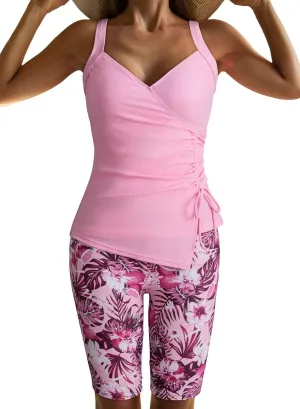 Dokotoo Women Swimsuits 2025 Pleated Tankini Sets Floral Wrapped V Neck Swim Tops Removable Pads Bathing Suits