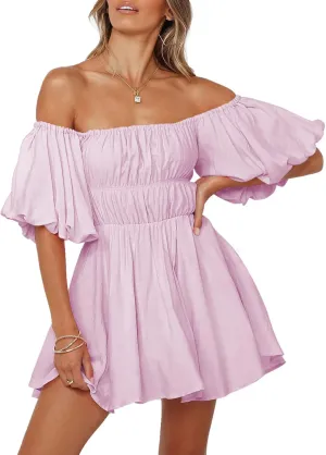 Dokotoo Womens Off The Shoulder Summer Dresses 2025 Short Lantern Sleeve Ruffle Elastic Waist A-Line Casual Mini Dress