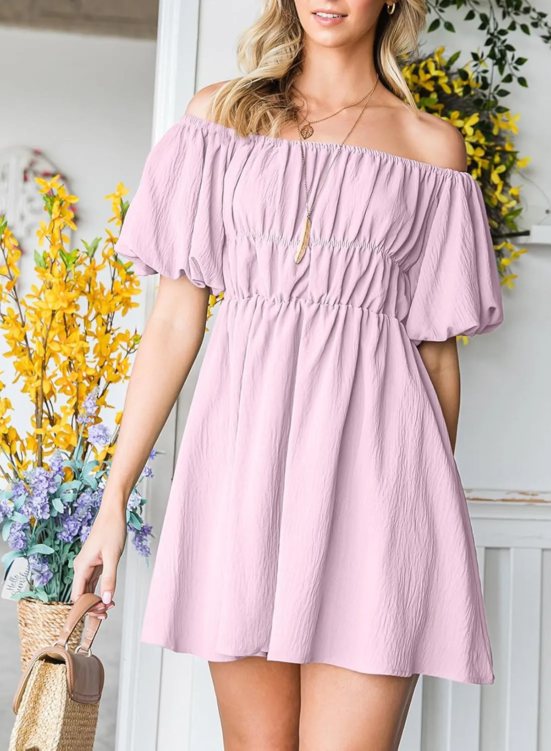 Dokotoo Womens Off The Shoulder Summer Dresses 2025 Short Lantern Sleeve Ruffle Elastic Waist A-Line Casual Mini Dress