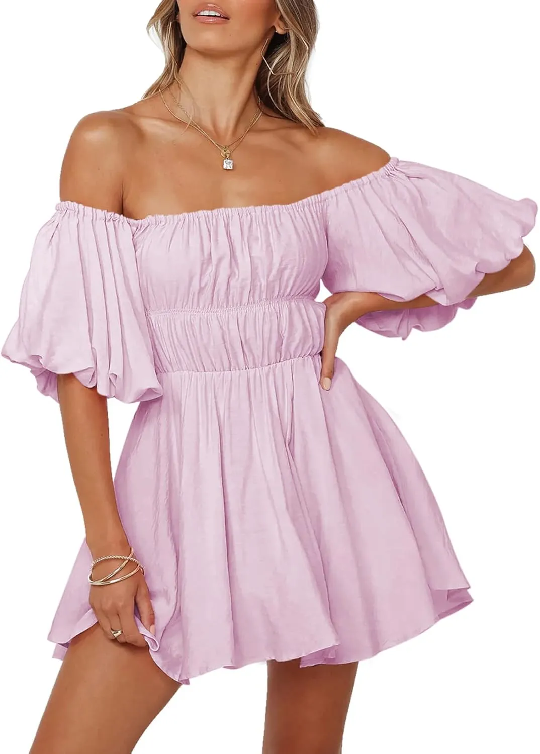 Dokotoo Womens Off The Shoulder Summer Dresses 2025 Short Lantern Sleeve Ruffle Elastic Waist A-Line Casual Mini Dress