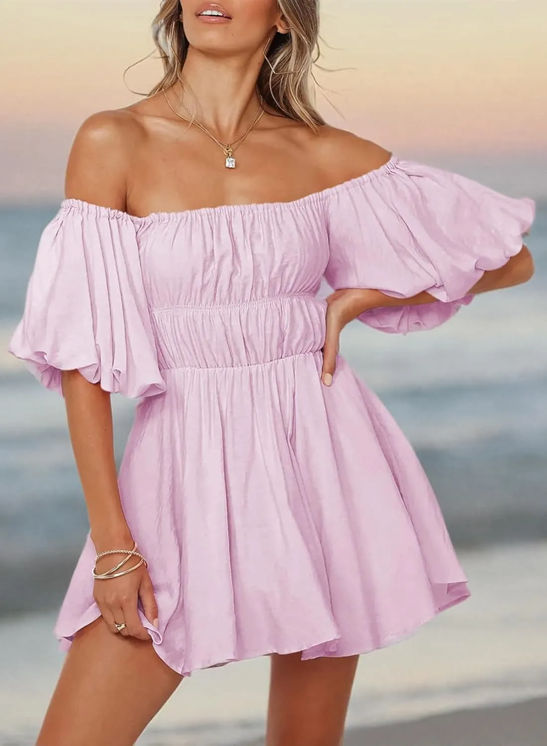 Dokotoo Womens Off The Shoulder Summer Dresses 2025 Short Lantern Sleeve Ruffle Elastic Waist A-Line Casual Mini Dress