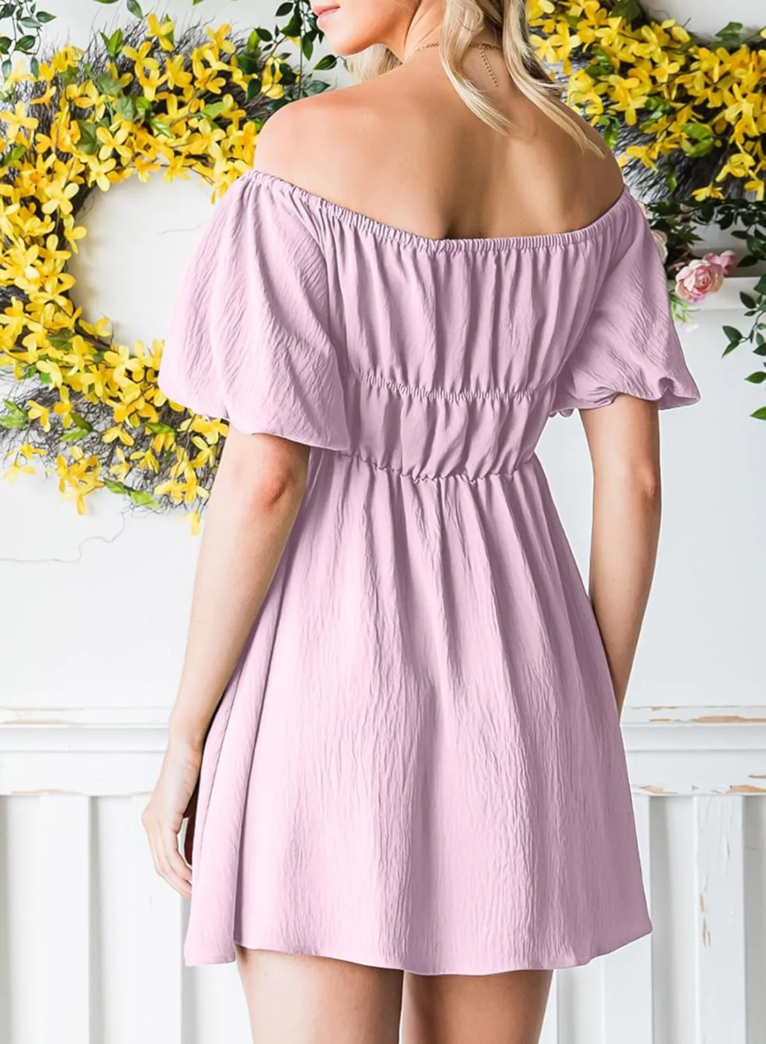Dokotoo Womens Off The Shoulder Summer Dresses 2025 Short Lantern Sleeve Ruffle Elastic Waist A-Line Casual Mini Dress