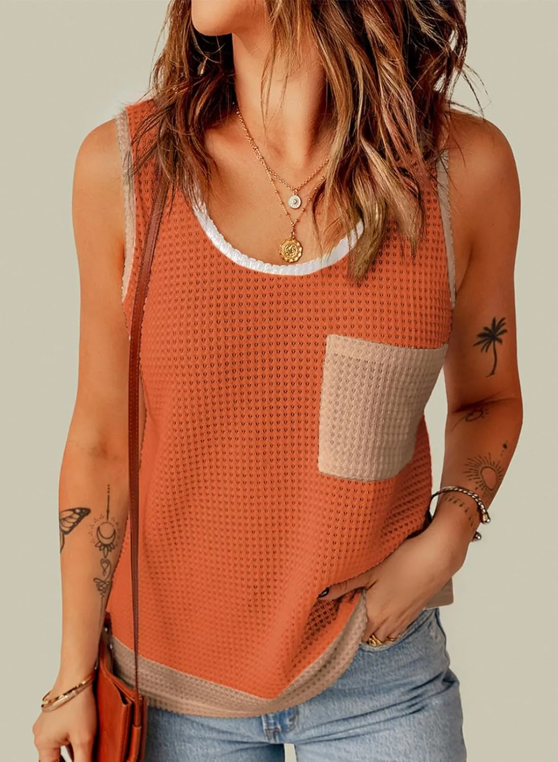 Dokotoo Womens Tank Tops Summer Waffle Knit Casual Crewneck Sleeveless Color Block Blouses Tops with Pockets